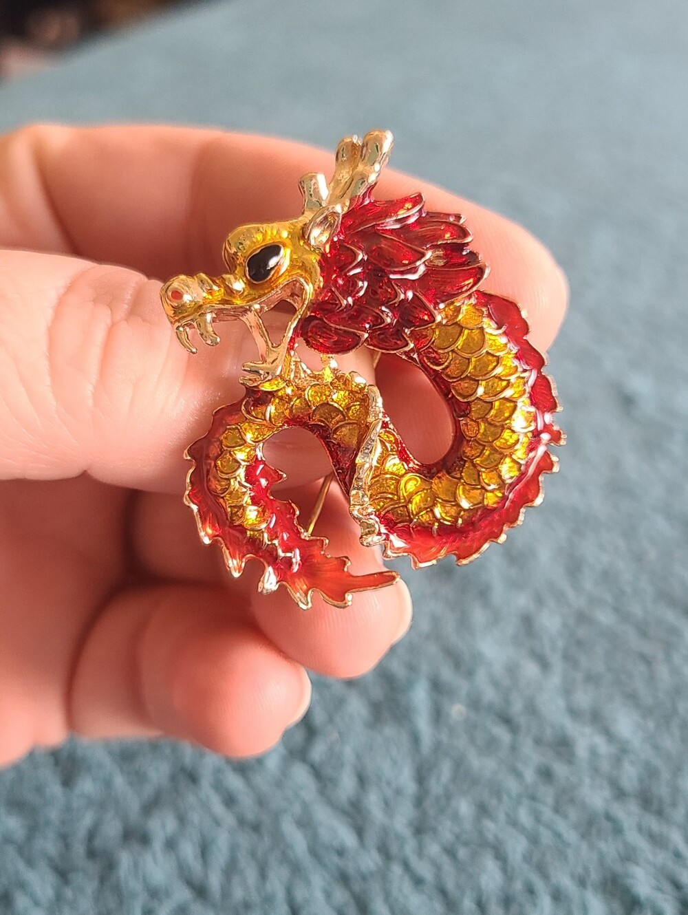 Red and Goldtone Dragon Brooch Pin